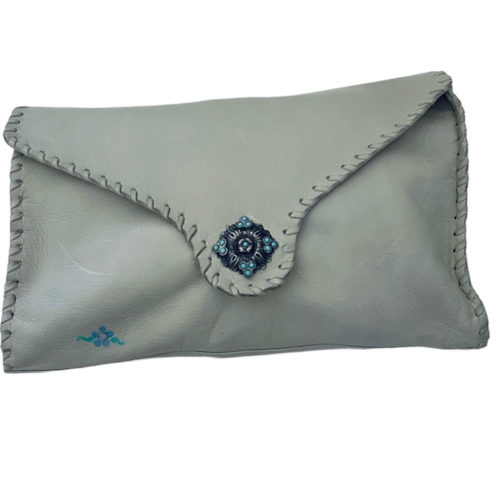 Meyers Vintage Made in USA Western cream leather silver & turquoise clutch bag